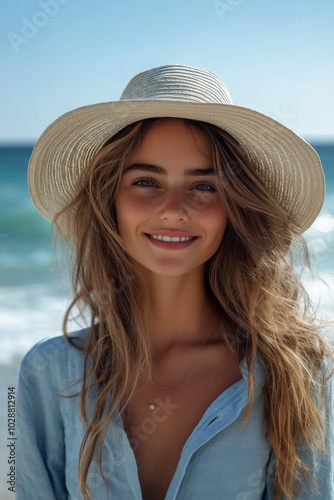 Cheerful young woman wearing a straw hat by the beach on a sunny day near cle...