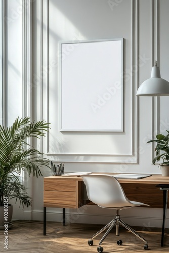 Modern workspace with a wooden desk, ergonomic chair, and natural light in a ...