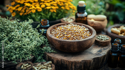 Herbal ingredients and natural remedies displayed in a rustic setting.