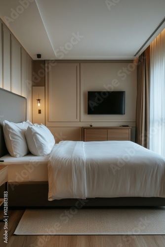 Cozy modern bedroom featuring elegant decor, soft lighting, and large windows...
