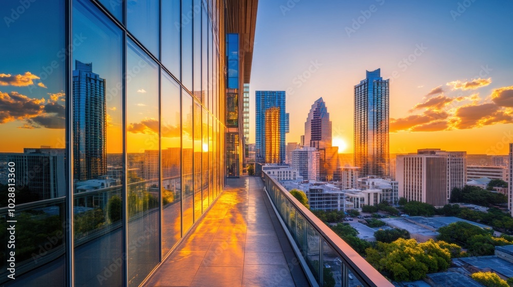 Discover a surreal city scene where glass structures reflect the enchanting golden sunset, blending modern architecture with the beauty of nature's light.