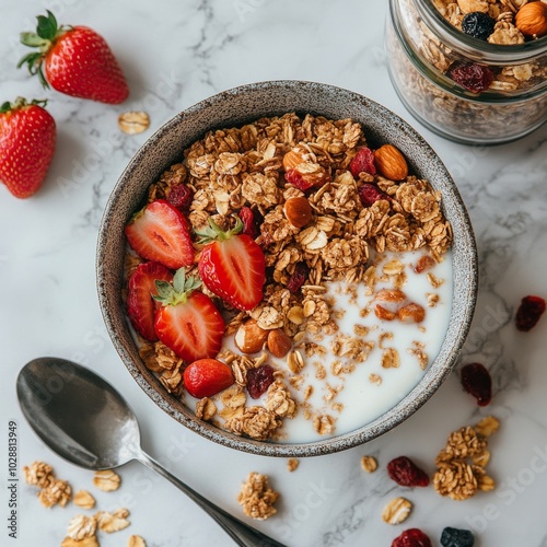 Delicious granola bowl topped with fresh strawberries and nuts on a marble co...