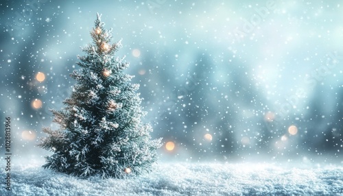 Snow covered evergreen tree stands alone in a tranquil winter landscape durin...