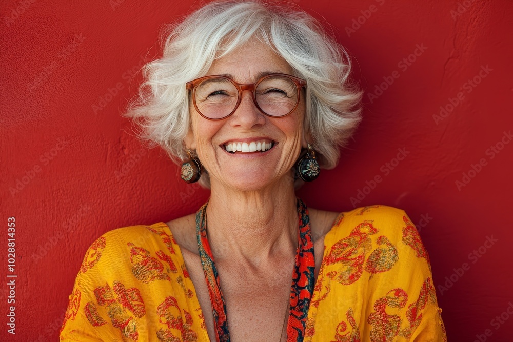 Cheerful senior woman laughing happily against a red wall, Generative AI Cheerful senior woman laughing happily against a red wall, Generative AI