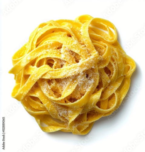 Classic fettuccine pasta with grated cheese on a white plate in a bright kitc...