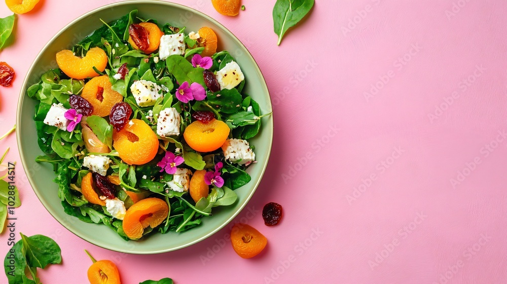 A vibrant salad with dried apricots, feta, and fresh greens, isolated on a soft pastel pink background with artistic geometric patterns A vibrant salad with dried apricots, feta, and fresh greens, isolated on a soft pastel pink background with artistic geometric patterns