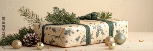Festively wrapped green gifts with decorative accents and pine sprigs on a so...