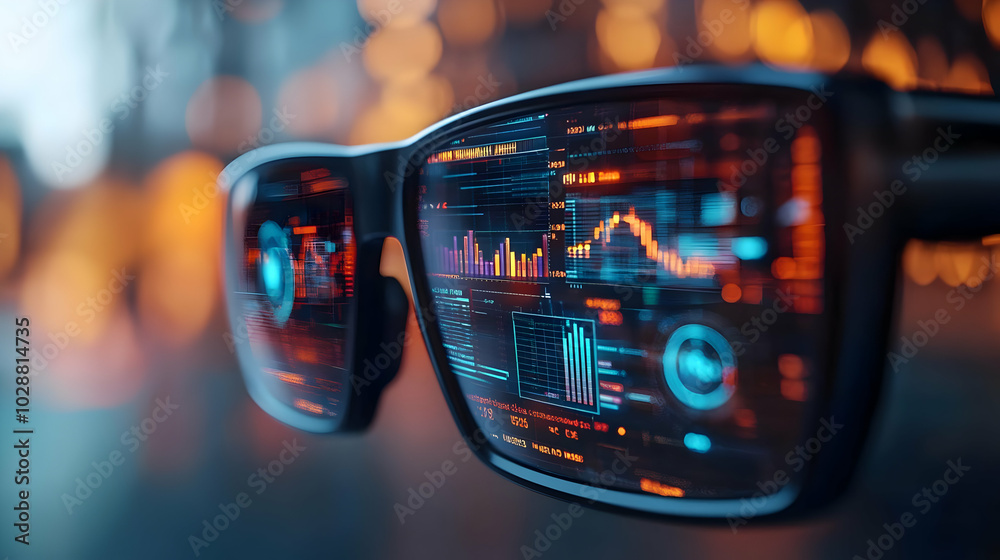 Futuristic Smart Glasses with Financial Data Overlays in 3D Macro Shot | Wearable Technology for Financial Management | Enhanced Decision Making and Insights Futuristic Smart Glasses with Financial Data Overlays in 3D Macro Shot | Wearable Technology for Financial Management | Enhanced Decision Making and Insights