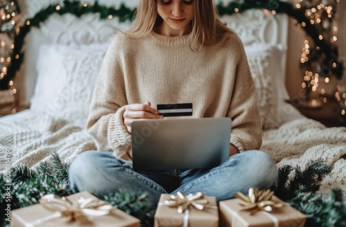 Young woman wearing a sweater sits on a bed surrounded by Christmas trees and...