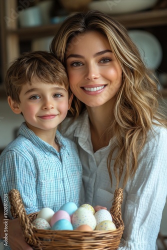 Mother and son celebrate Easter together holding a basket of colorful eggs in...