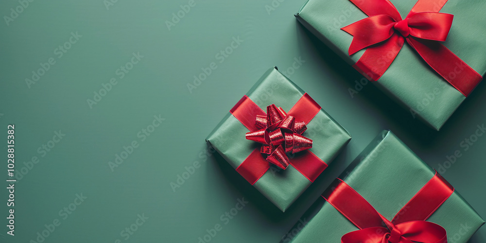 Top view of Christmas gift boxes with red ribbon on green background with copy space Top view of Christmas gift boxes with red ribbon on green background with copy space