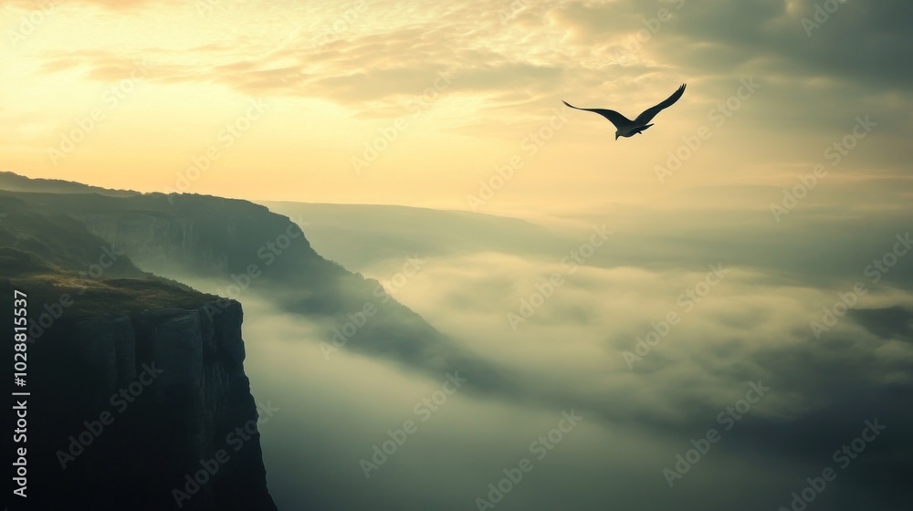Bird Flying Above Misty Mountains Bird Flying Above Misty Mountains