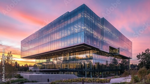 Experience the beauty of a contemporary glass building mirroring the stunning colors of an evening sunset, representing innovation in urban architecture.