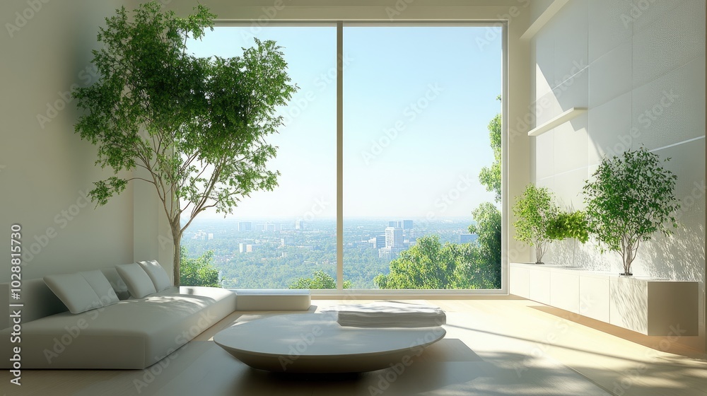 A stylish minimalist living room with clean furniture, green indoor plants, and a large window framing a beautiful view, perfect for interior decor themes A stylish minimalist living room with clean furniture, green indoor plants, and a large window framing a beautiful view, perfect for interior decor themes