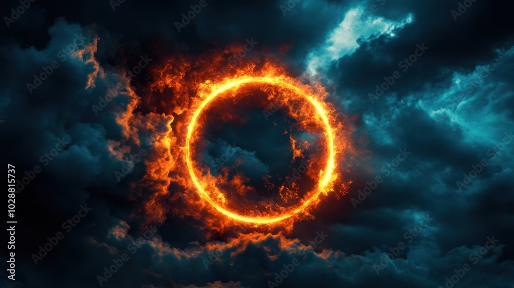 Fototapeta premium Experience the beauty of a luminous ring of fire set against a deep blue sky filled with dark clouds, evoking a sense of magic and mystery in this digital illustration.
