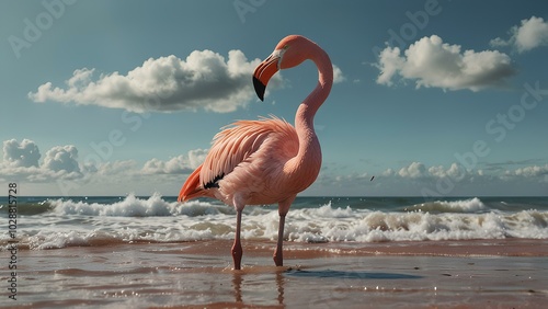 Photorealistic Flamingos Standing by the Ocean at Sunset – Pastel Colors and Exotic Nature photo