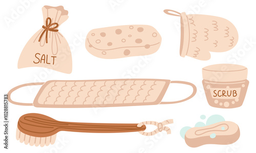 A set of washcloth with handles, wooden, glove, scrub, salt, sponge. Personal hygiene product. Vector flat illustration, highlighted on a white background, for advertising, store catalog, decorative