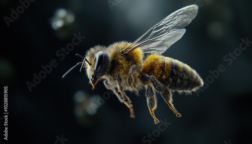 A macro view of a bee flying gracefully as it performs pollination activities photo