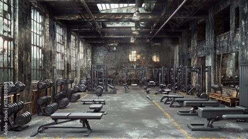 Step into a vintage gym that echoes strength and determination featuring heavy iron equipment kettlebells and rustic wooden benches all immersed in a timeless ambiance of chalk dust.