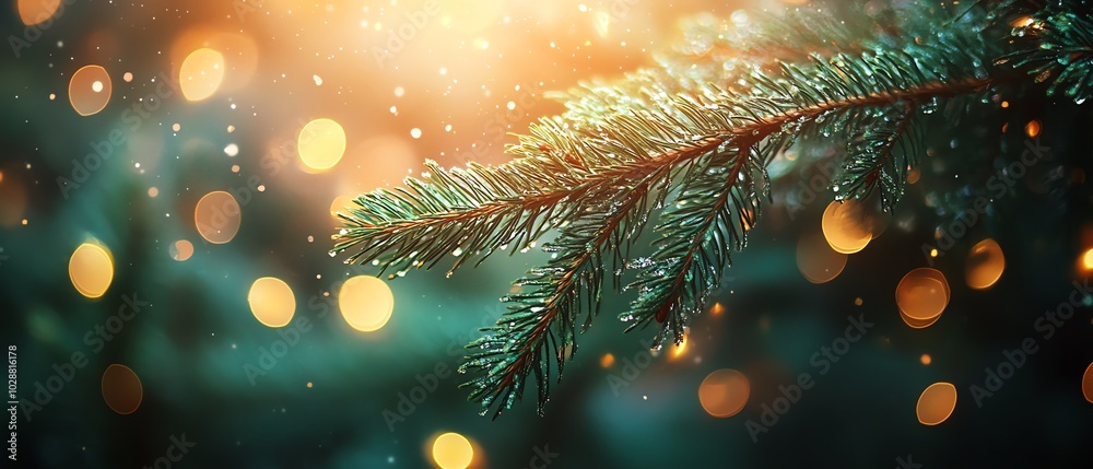 Fototapeta premium Emerald needles of a fir tree branch closeup, illuminated by soft bokeh lights in the background, evoking a warm Christmas ambiance