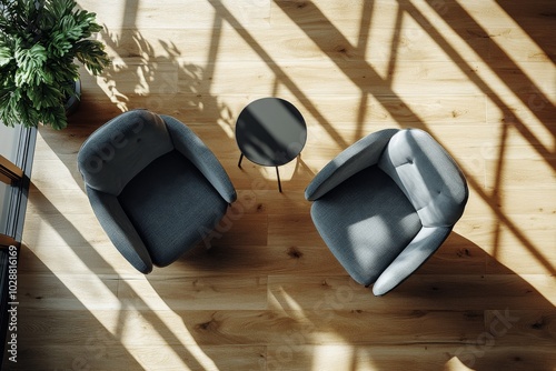 Cozy seating area with modern chairs and coffee table in a sunlit room
