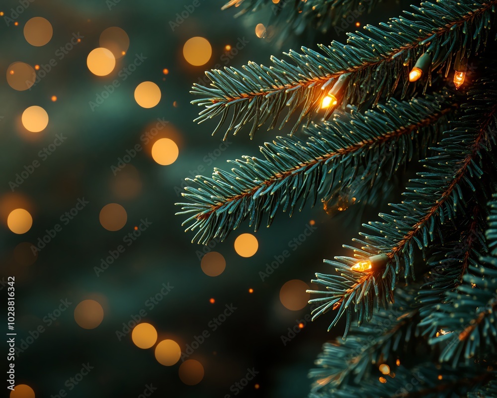 Fir tree branch closeup featuring vibrant emerald needles, contrasted with warm bokeh lights, soft focus background, festive Christmas vibe Fir tree branch closeup featuring vibrant emerald needles, contrasted with warm bokeh lights, soft focus background, festive Christmas vibe