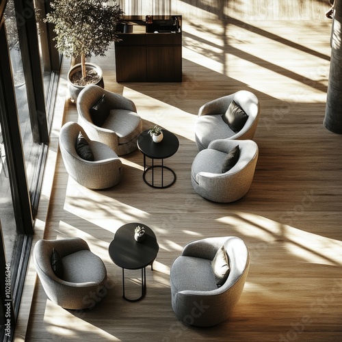 Cozy lounge area with modern chairs and tables in bright natural light during...