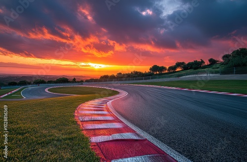 Sunset over the winding racetrack with vibrant skies at a motorsport event in...