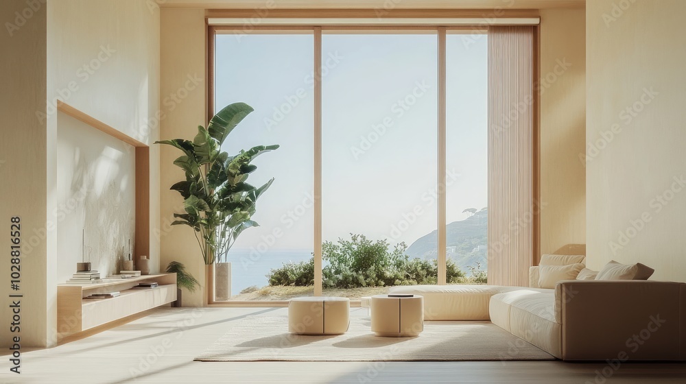 Modern minimalist living room with clean, elegant furniture, vibrant indoor plants, and a large window framing a scenic view, perfect for home decor Modern minimalist living room with clean, elegant furniture, vibrant indoor plants, and a large window framing a scenic view, perfect for home decor