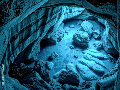 A blue cave with a blue lake and rocks. The cave is dark and the water is blue