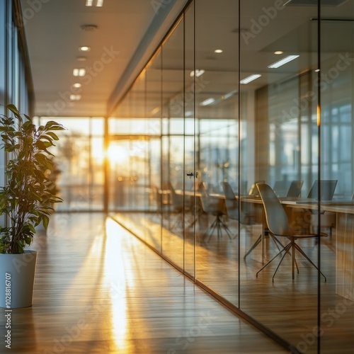 Sunset glow illuminating a modern office corridor with glass walls and plants