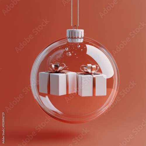 A glass ornament with a gift inside hangs against a vibrant red background du...