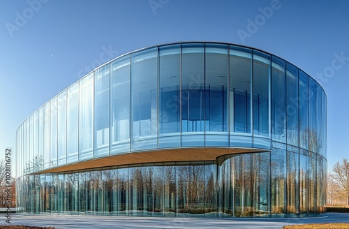 Modern glass building with curved design overlooking a clear blue sky in an u...