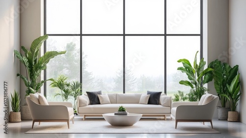 A chic minimalist living room featuring elegant furniture, indoor greenery, and a large window showcasing a scenic view, perfect for design content