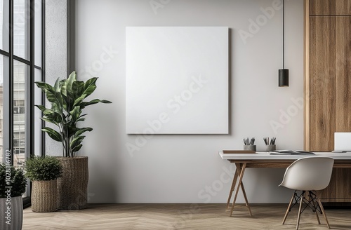 Modern office space featuring a minimalist design with a blank canvas on the ...