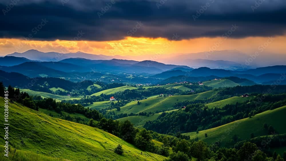 A breathtaking view of rolling hills and forested valleys bathed in the golden light of a late afternoon sunset A breathtaking view of rolling hills and forested valleys bathed in the golden light of a late afternoon sunset