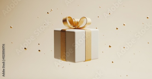 A floating gift box with a ribbon in a sunlit room near a window