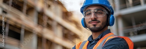 Construction worker wearing protective gear at a building site during daytime...