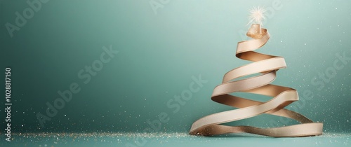 Decorative golden ribbon shaped like a Christmas tree on a softly illuminated...