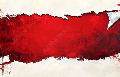 Abstract red artwork with a textured surface and torn paper effects on a whit...