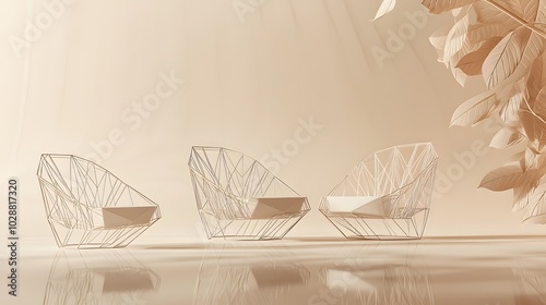 Minimalist modern chairs in a tranquil beige interior setting with paper leaves photo