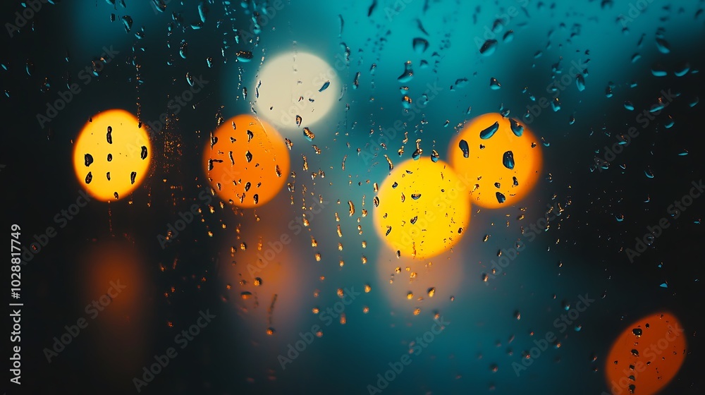 Naklejka premium Raindrops cling to the glass, creating a delicate curtain that blurs glowing lights outside background