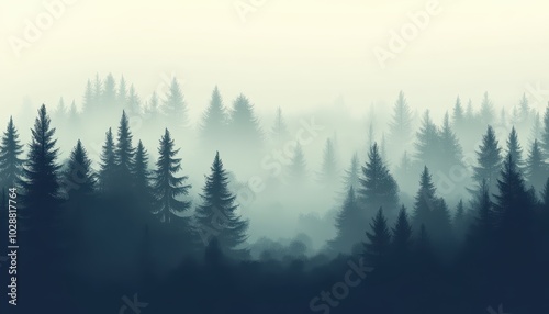 Misty retro landscape featuring a fir forest in a tranquil atmosphere at dawn