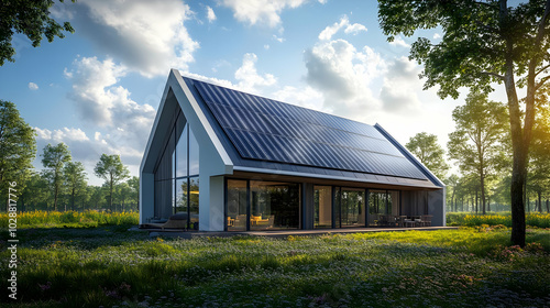 Modern eco-friendly house with solar panels in a lush landscape.