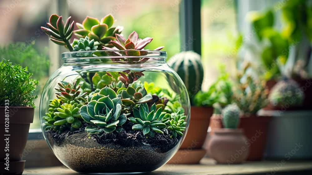 A glass terrarium filled with succulents sits on a windowsill, bathed in natural light A glass terrarium filled with succulents sits on a windowsill, bathed in natural light