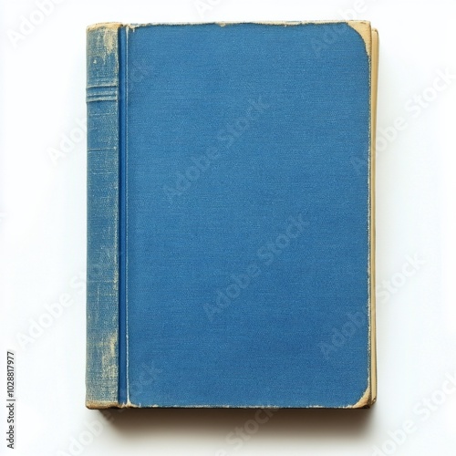 A closed blue fabric covered book lying on a white surface under soft lighting