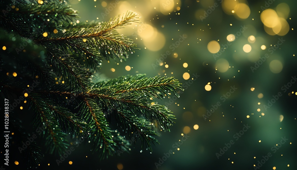 Rich green fir tree branch closeup with bokeh lights, soft focus background, evoking a comforting and cozy Christmas atmosphere