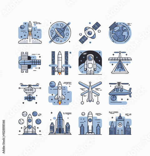 Aerospace engineering icons pack illustration