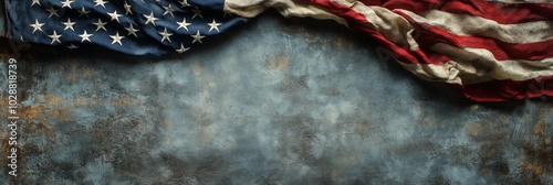 Worn American flag draped over a textured surface, symbolizing patriotism and...