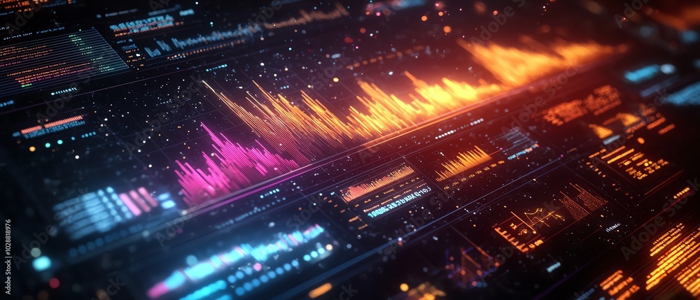 Obraz premium Advanced financial dashboard featuring floating holographic charts and graphs, glowing data streams against a dark space background, global economics visualization